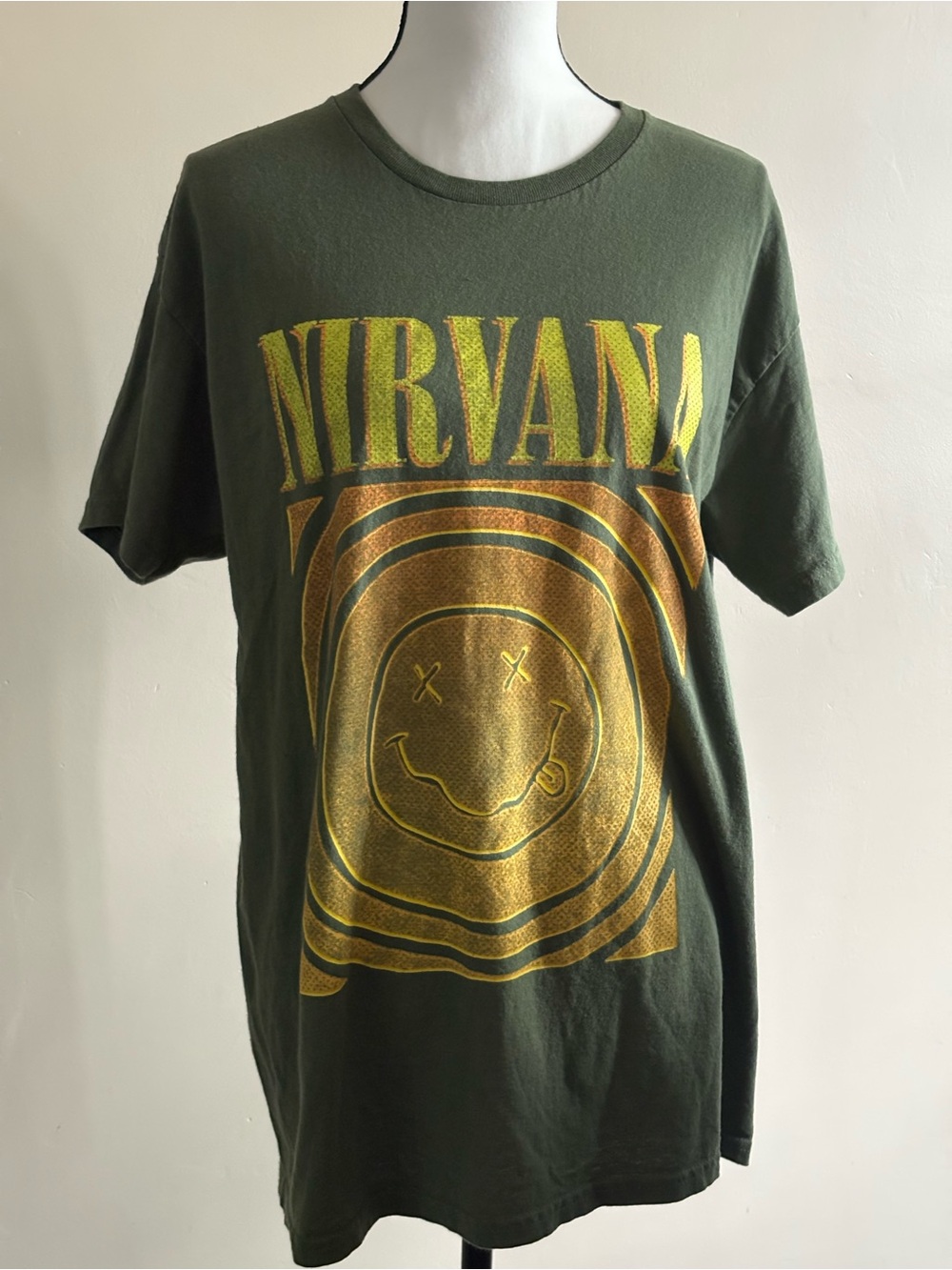 NIRVANA Olive Green Tee with Gold Smiley Graphic